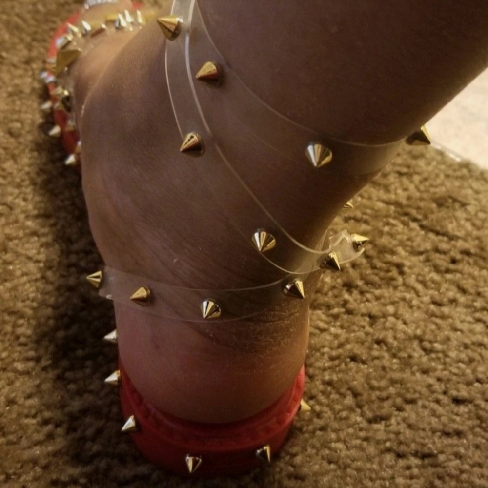 Red and Clear Gold Stud Strappy Sandals - Picture 2 of 6